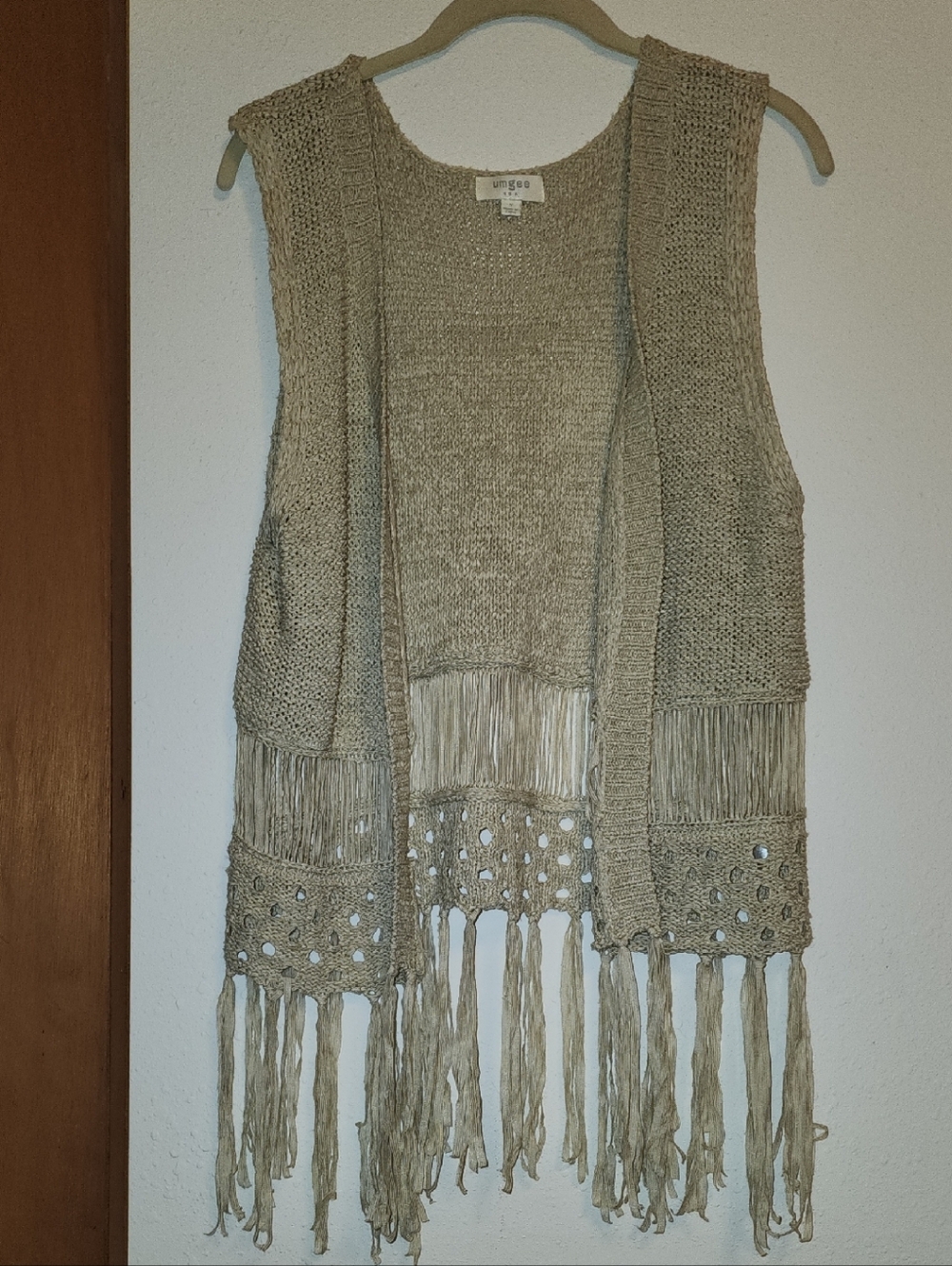 Umgee Crochet Fringe Vest in Light Taupe